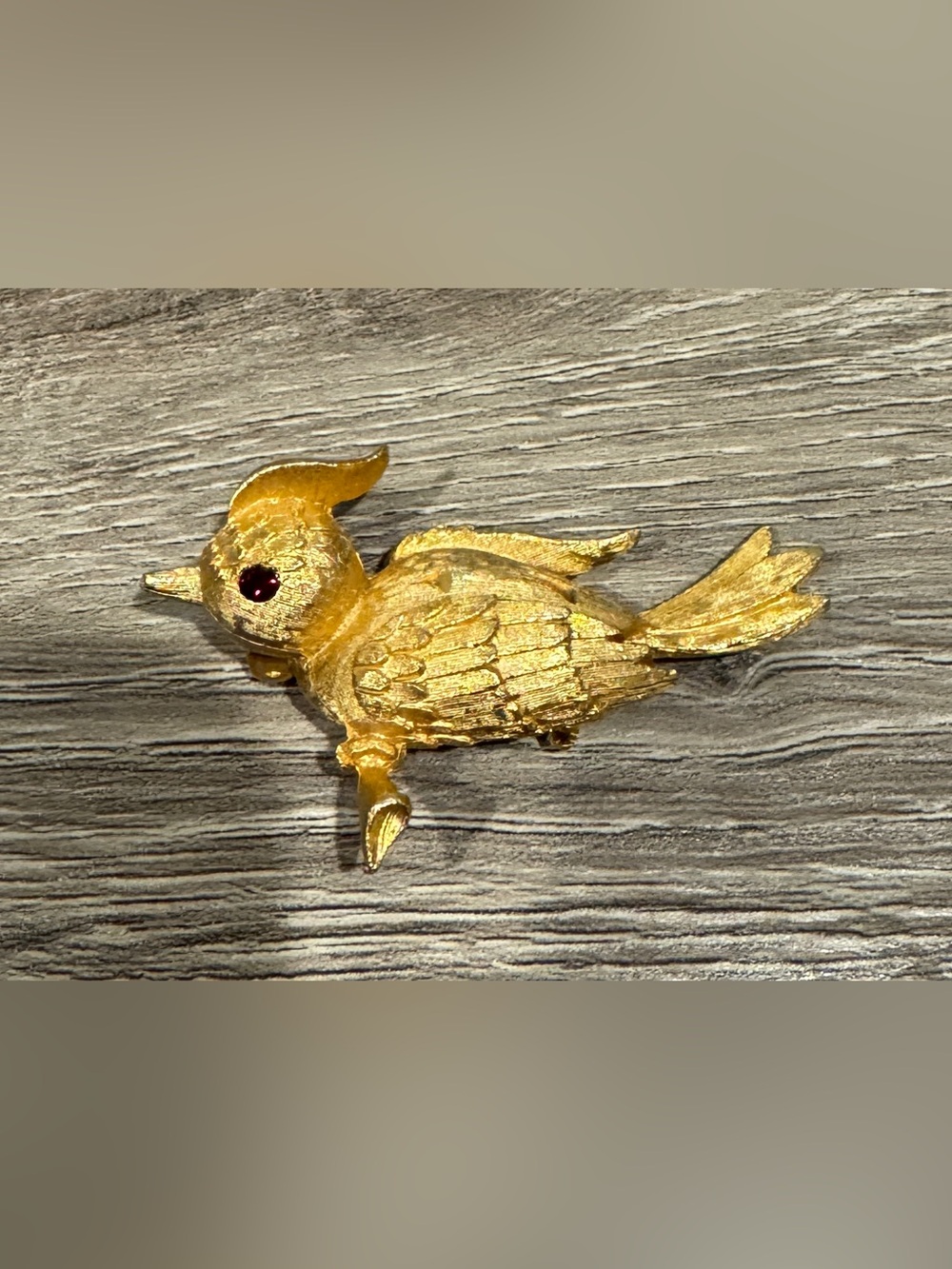 Gold Bird Pin Brooch with Red Eye - Good Condition